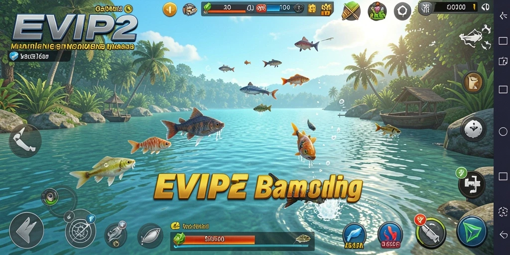 Tampilan gameplay EVIP2 saat menangkap ikan di lokasi indah.