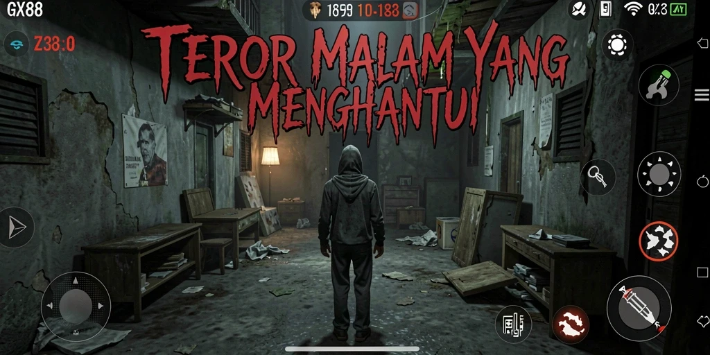 Screenshot gameplay GX88 menampilkan suasana mencekam dan efek visual yang menakutkan.