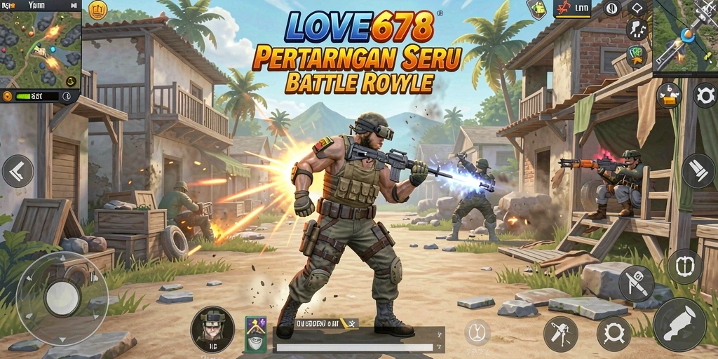 Screenshot gameplay LOVE678 menampilkan aksi seru di medan tempur Battle Royale.