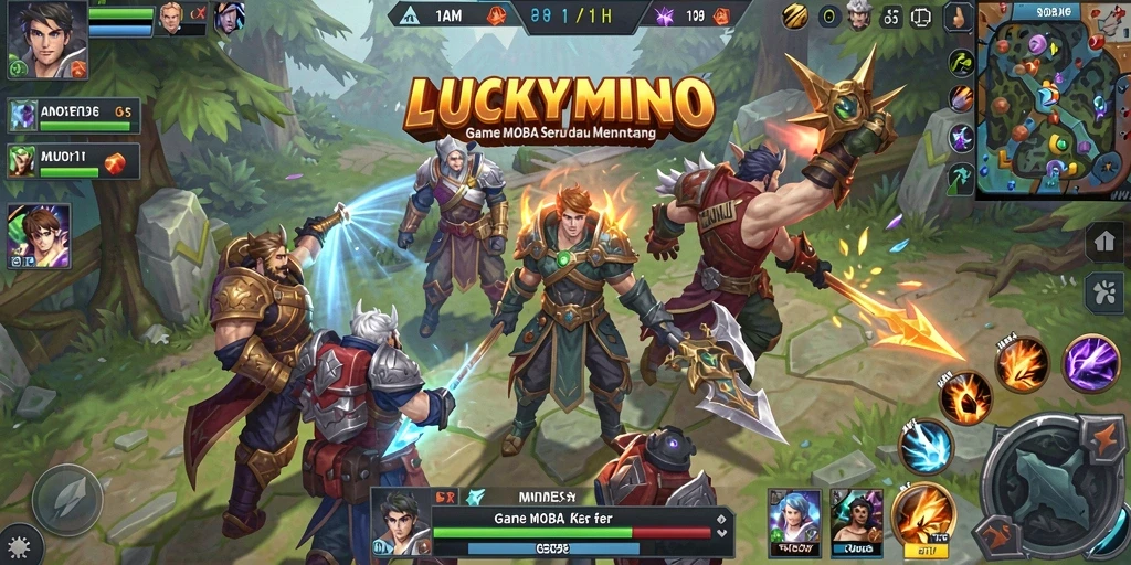 Tampilan gameplay seru dari LUCKYMINO dalam pertempuran MOBA.