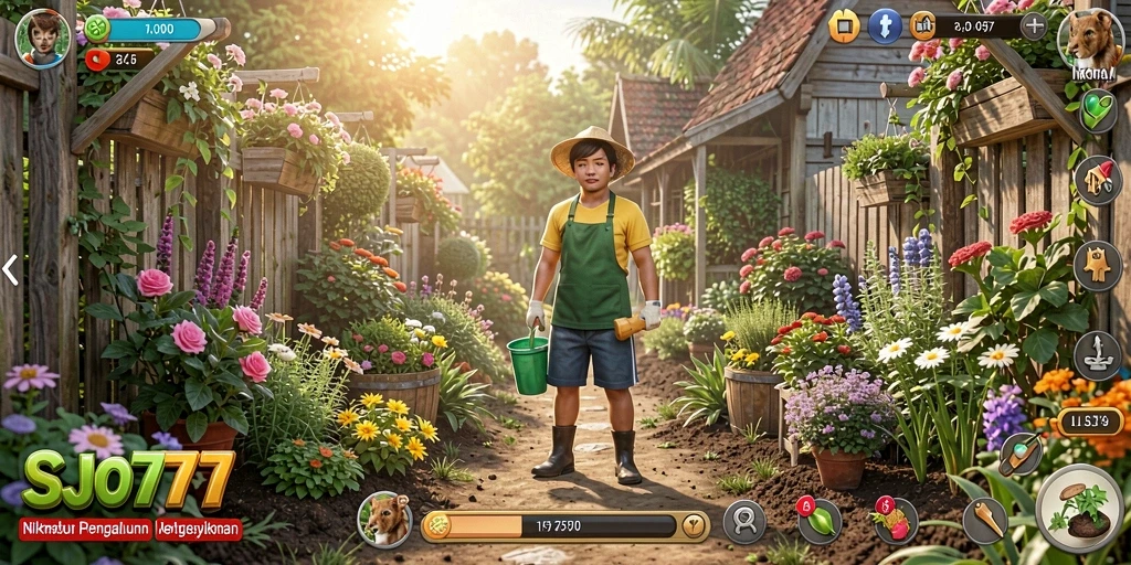 Tampilan gameplay SJO777 dengan kebun yang subur dan tanaman cantik.