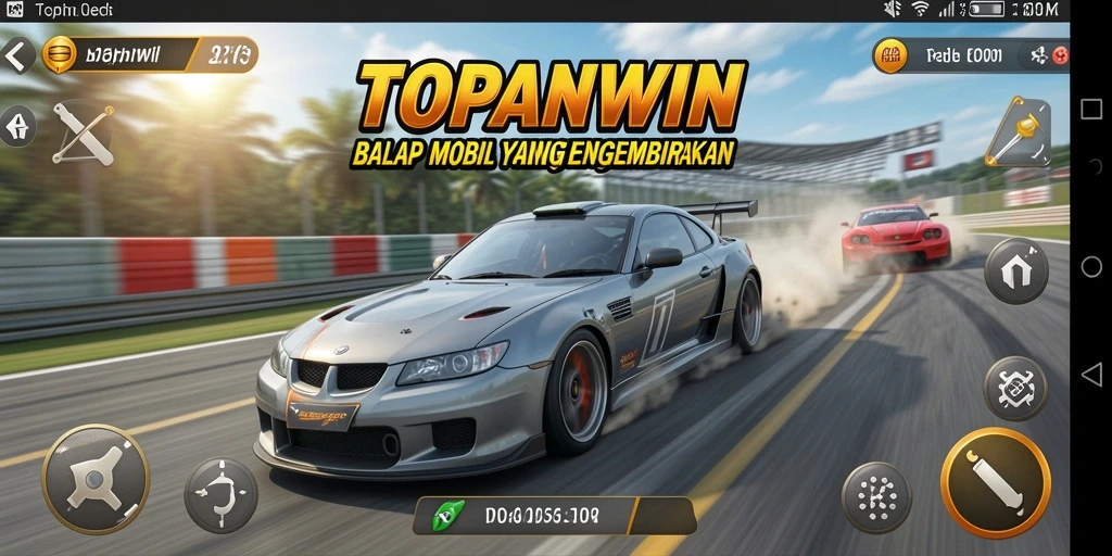 Screenshot gameplay <strong>TOPANWIN</strong> menampilkan aksi balap yang mendebarkan dan mobil yang bertenaga.