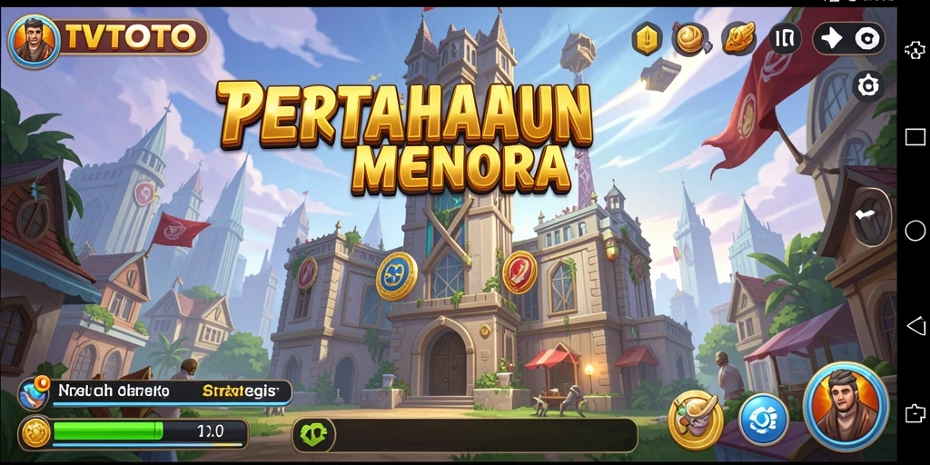 Screenshot gameplay TVTOTO menampilkan pertarungan menara yang epik dalam Tower Defense.